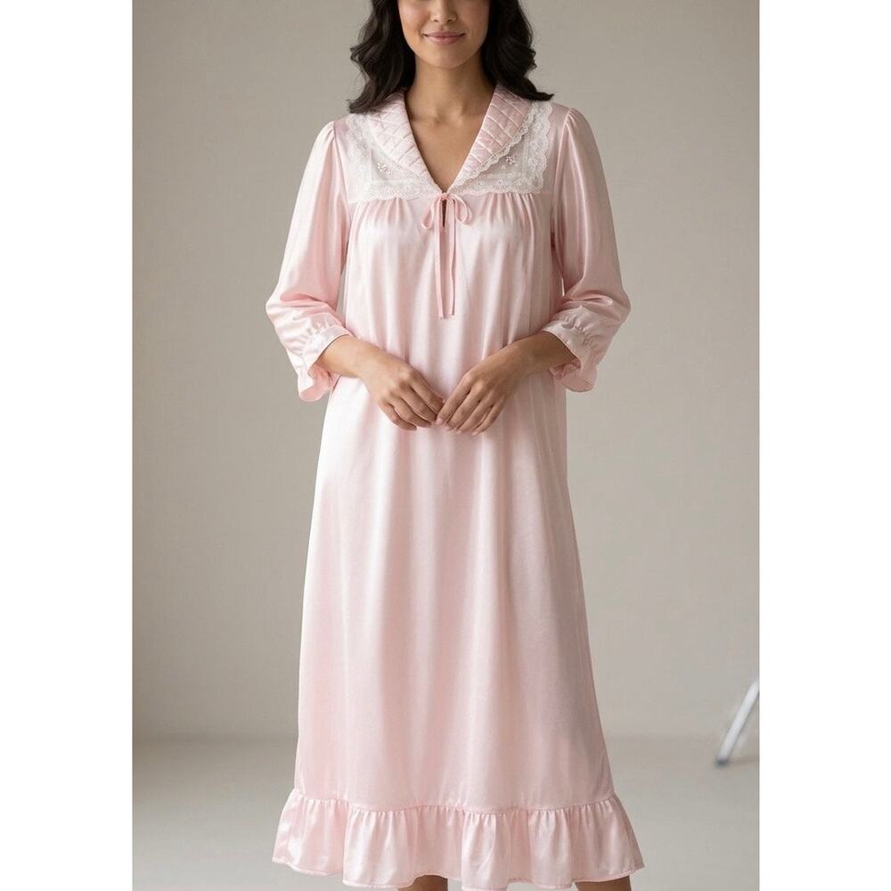 Vintage Stardust Nightgown Pink Lace Long Sleeve Nightie Lingerie Medium USA